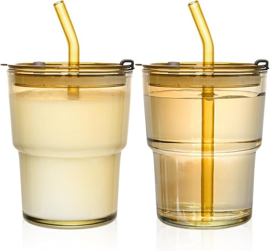 13oz Reusable Iced Coffee Tumbler with Lids,Clear Tumbler Water Glass,2 Pack Glass Cups with Straw and Lid,Glass to go Coffee Cup for Drinking Matcha, Water, and Juice(Amber