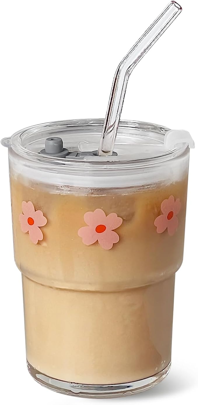 Olvini 13oz Glass Tumbler with Straw and Lid, Reusable Iced Coffee Cup Tumbler, Cute Glass Cups for Water, Matcha, Travel Coffee Mugs (Pink Flower)