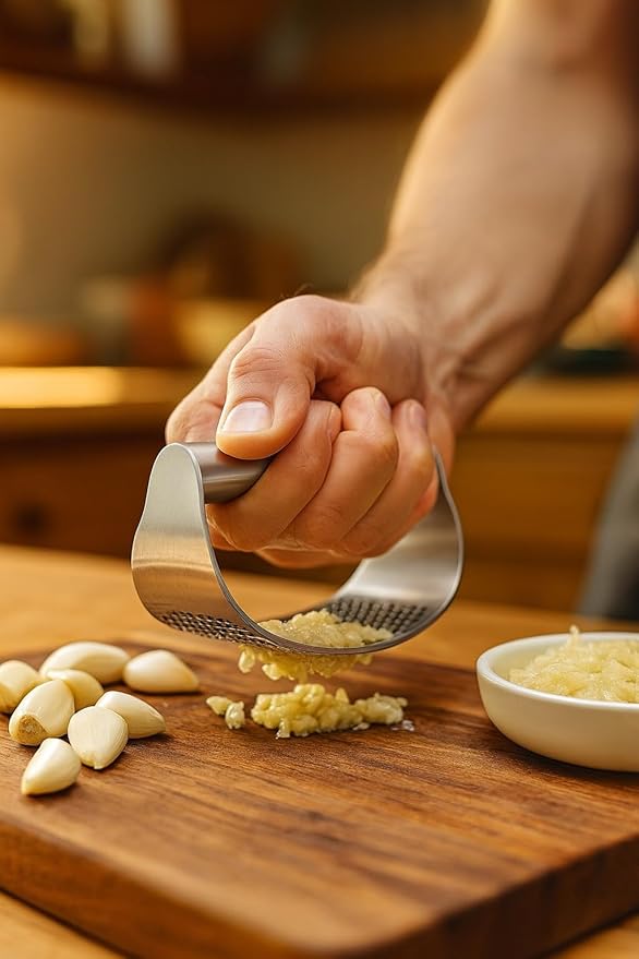 Angel's Peel Lounge Stainless Steel Garlic Press Rocker Set with Silicone Garlic Peeler & Cleaning Brush – Garlic Chopper, Mincer, Grater, Crusher (Stainless steel)