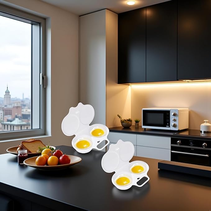 2Pcs White Egg Poacher, Microwave Egg Boiler Poacher, 2 Cavity Nonstick Poached Egg Maker With Lid, Egg Poacher Microwave Egg Cooker, Double Drain Poached Egg Cups Cookware（13 * 5cm）
