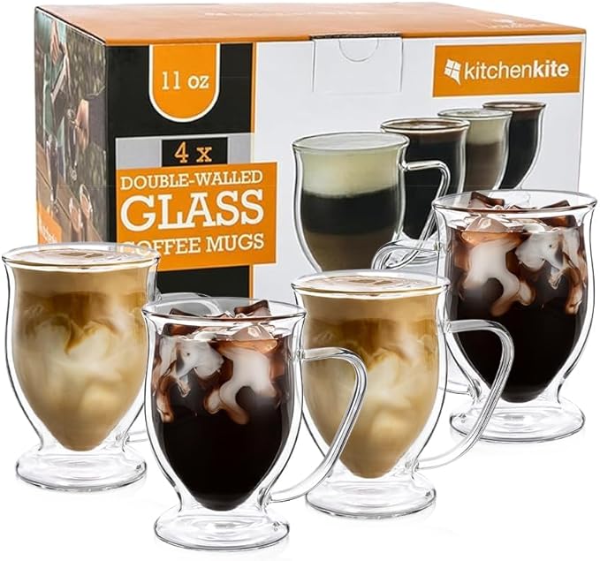 Kitchen Kite Double Wall Glass Coffee Mugs 11oz Set of 4, Insulated Borosilicate Glass Coffee Cups with Handle - Dishwasher & Microwave Safe Clear Mugs for Cappuccino, Latte, Espresso, Tea