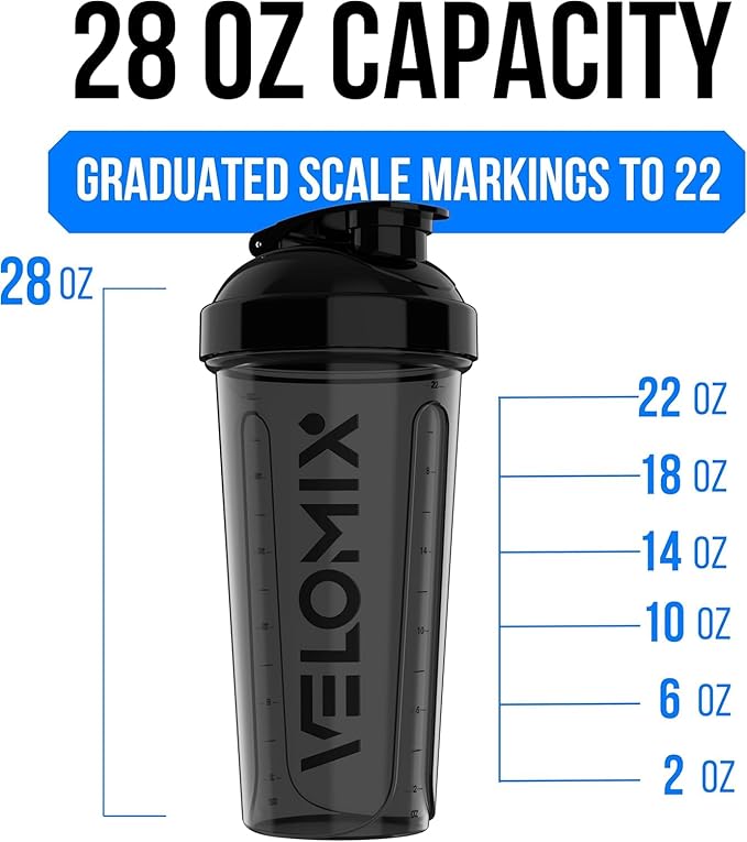 VELOMIX -6 PACK- 28 oz Protein Shaker Bottle for Protein Mixes -6x Wire Whisk | Leak Proof Shaker Cups for Protein Shakes | Large, Stackable Protein Shaker Bottle Pack