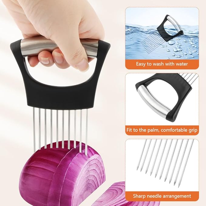 Crinkle Cutter Knife, Rubber Handle Stainless Steel Fries Cutter Slicer with Onion Holder, Vegetable Salad Chopping Knife Home Kitchen Wavy Blade Cutting Tool(Black)