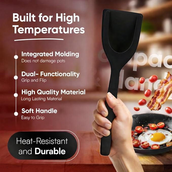 Egg Flipper Spatula Tongs (Set of 2) – Non-Stick 2-in-1 Grip & Flip Kitchen Tongs for Pancakes, Fish, Eggs, and More – Heat Resistant Cooking Tool (Black)