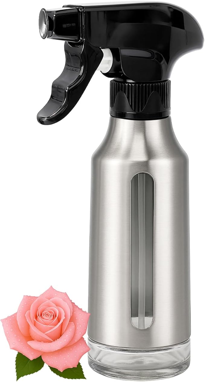 Oil Sprayer for Cooking 180ml, Olive Oil Mister with Fine Mist Trigger, Stainless Steel Refillable Glass Dispenser Bottle 6.35oz for Air Fryer BBQ Salad & Baking (Black+Stainless Steel)