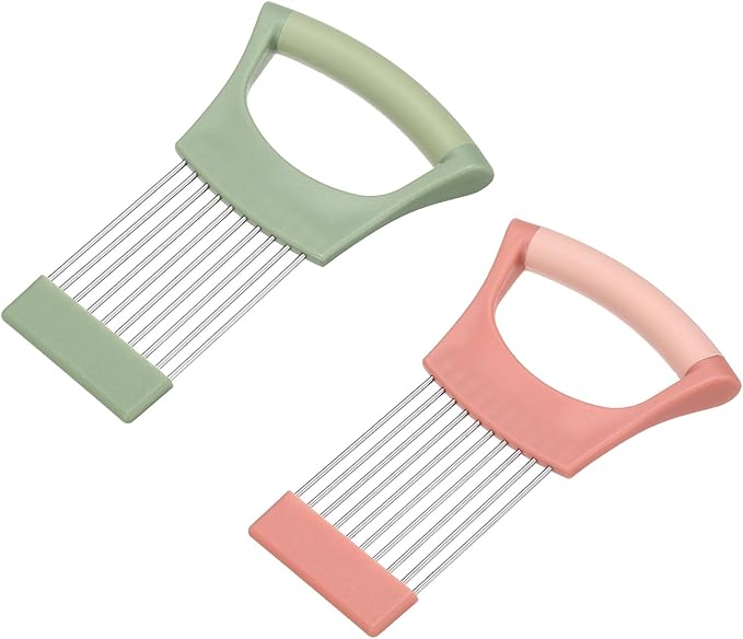 uxcell 2 Pcs Onion Slicer Holder, Stainless Steel Vegetable Cutting Holder Food Cutter Tool for Slicing Storing Onions Tomatoes Potatoes Avocados Apples, Green/Pink