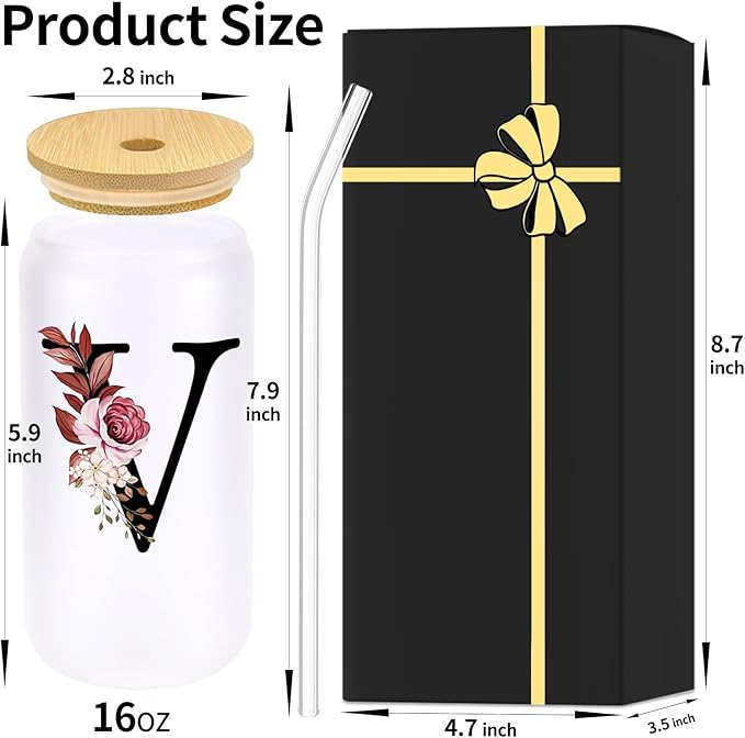 Wulcea Monogrammed Glass Drinking Cup With Lid Straw Women Men Teacher Christmas Math Biology Piano Future Mentor Speech Substitute Ballet Drama Guitar Yoga Montessori Physics Chemistry Band Gifts,V