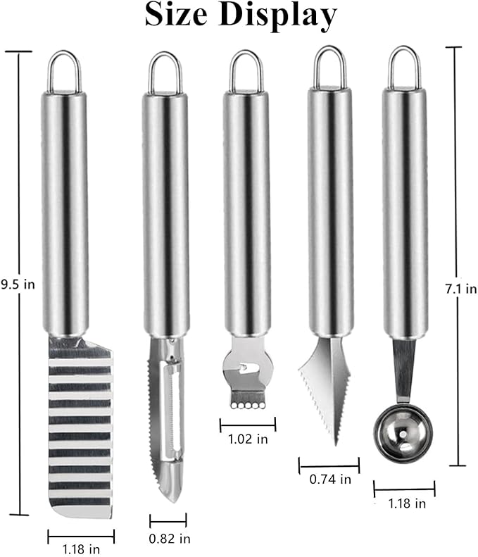 5 Pcs Stainless Steel Fruit Carving Knife Set, Kitchen Fruit Carving Knife, Watermelon and Ice Cream Scoop, 2-in-1 Dig Pulp Separator Fruit Peeling Tool, Crinkle Knife and Lemon Zester Grater