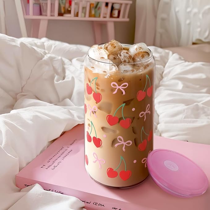 SANDJEST Cherry 16 Oz Can Glass Tumbler with Acrylic Lid and Straw - Iced Coffee Cups for Women, Aesthetic Glass Cup Gift for Birthday Christmas