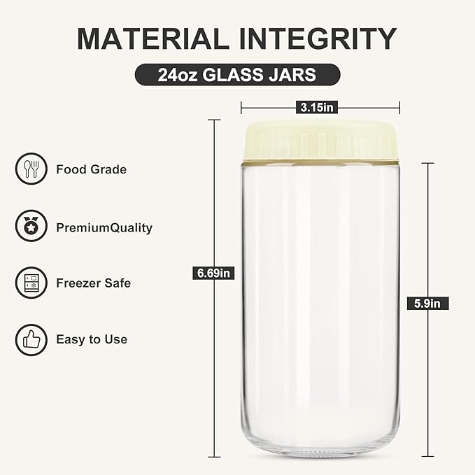 SHOWIN Overnight Oats Containers with Lids, 24oz Glass Jars with Lids 2 pcs, Milk White, Wide Mouth Mason jars for Salad, Yogurt, Snacks, Meal Prep