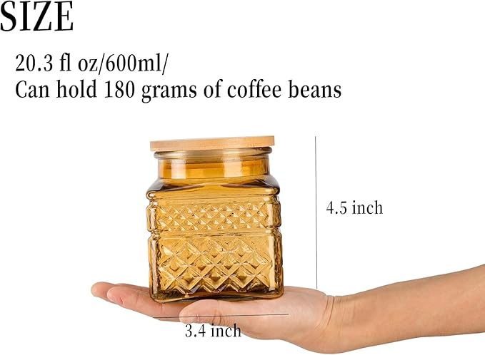Glass Storage Canister with Airtight Lids, 20.3 FL OZ Thick Glass Candy Jar for Coffee Bean, Cocoa powder,Dog treats, Snacks Vintage Decorative Square Glass Jars for Coffee Bar Kitchen Party Counter