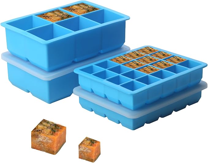 1/2-Cup & 1 Tbsp Silicone Freezer Molds - Perfect for Storing Garlic, Herbs, Ginger, Pesto, Tomato Paste, Freezing Soup,Stews,Sauces,Purees and More - Silicone Food Freezer Tray (Blue 4 Pack)