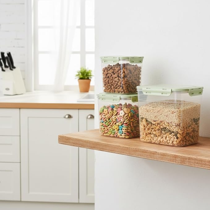 Patelai 6 Pcs Dog and Cat Food Storage Containers with Scoops Set Plastic Pet Food Storage Containers Stackable Airtight Dry for Kitchen 1.27, 2.4, 4 Qt (Green)