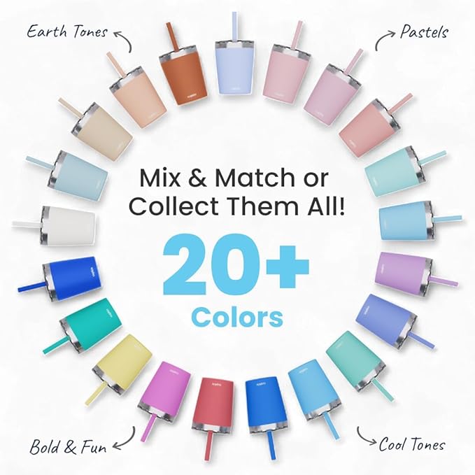 CUPKIN Toddler Straw Cups, The Original 8 oz Stackable Stainless Steel Cups for Kids, Set of 2 Powder Coated Insulated Straw Cup & BPA Free Lids + Reusable Silicone Straws (8oz Peach + Teal)