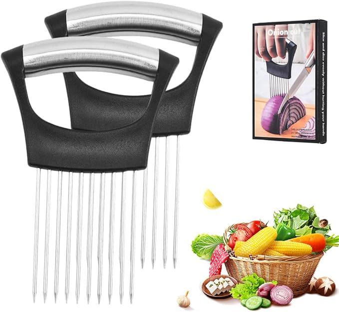 Onion Holder for Slicing, Upgrade Stainless Steel Onion Slicer Holder Cutter, Lemon Slicer Vegetable Cutter, Chopper Slicing Assistant Tool for Meat, Potato, Tomato Kitchen Tools (2)