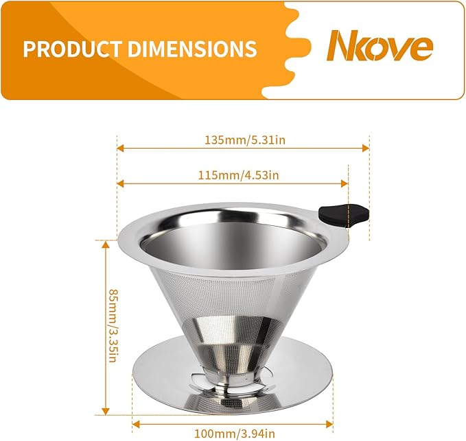 NKOVE Pour Over Coffee Dripper Stainless Steel Reusable Filter Paperless Cone Coffee Maker Dripper for 1-2 Cup