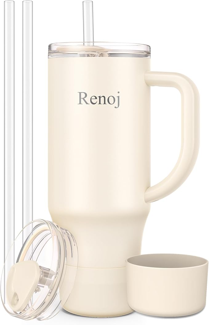 Renoj Insulated Mug 100% Spill Resistant Insulated Water Bottle for Iced Coffee & Hot Drinks - Fits Car Cup Holder, Ideal Gift, 2 Straws & Silicone Boot - FlexSlide White 40 oz