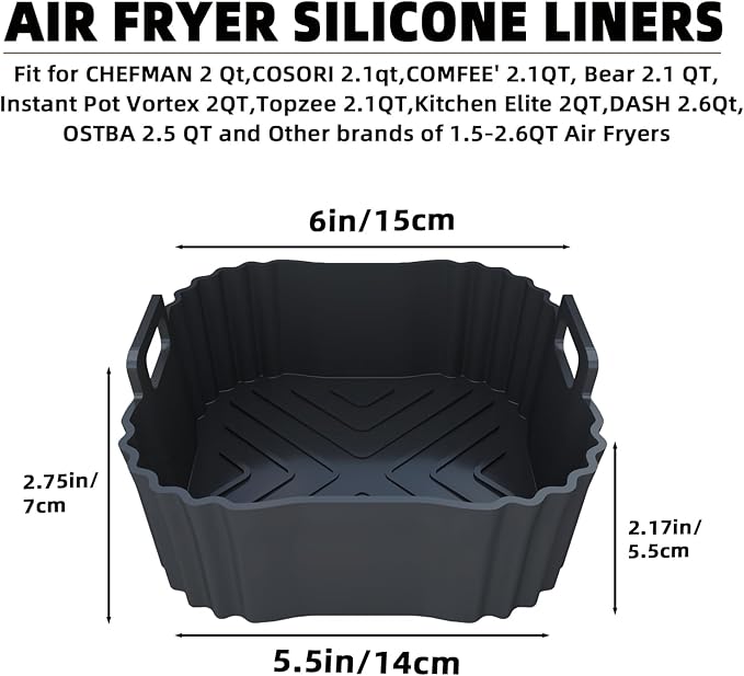 2 Pack Silicone Air Fryer Liners for CHEFMAN 2 Qt, Square Reusable Non-Stick Liners for COSORI 2.1 Quart, Instant Pot Vortex 2QT Mini Air Fryer, Easy Clean & Dishwasher Safe