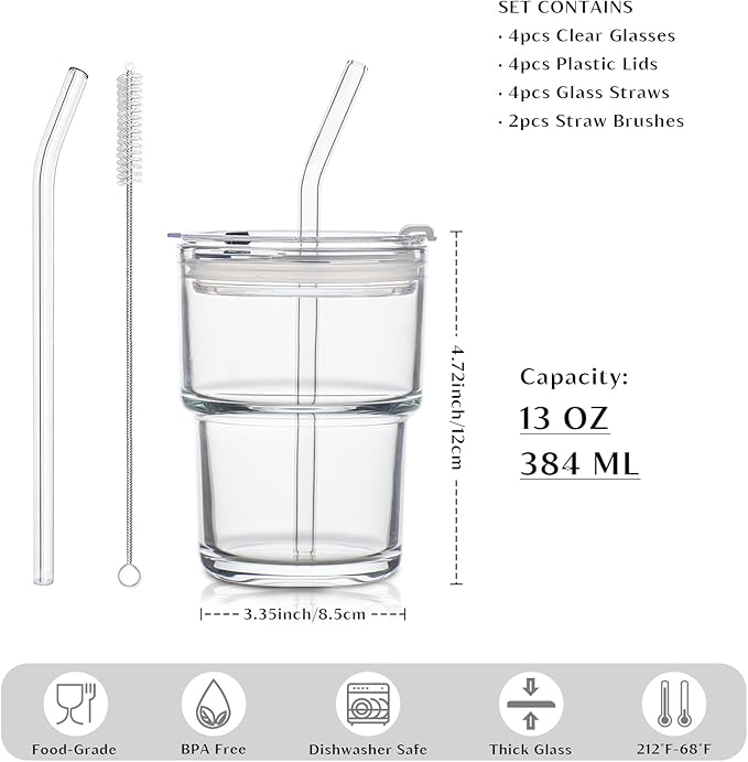 INSETLAN 13oz Portable Glass Tumblers Set of 4, Thick Wall Glass Cups with Lid and Glass Straw, On-the-Go Coffee Cups for Iced Coffee, Tea, Milk, Hot & Cold Drinks, Travel & Daily Use