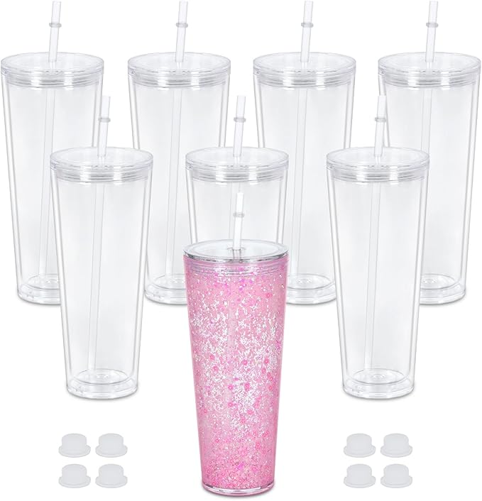24 Oz Acrylic Snowglobe Tumbler, 8 Pack Pre-Drilled Double Wall Acrylic Clear Cup For Glitter Snow Globe Diy, Double Wall Snowglobe Cup