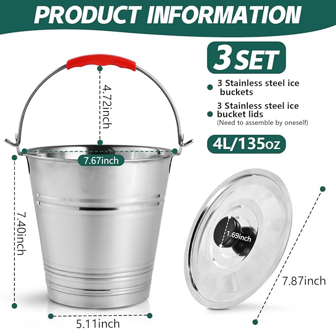 OBTANIM 3 Pack 4L Stainless Steel Metal Ice Buckets Champagne Drink Cooler Storage Ice Pails with Handle and Lid for Party Favors Organizing Home Parties Bar Cooling Supplies