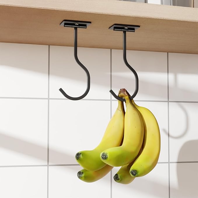 bussdis Under Cabinet Banana Hook Foldable - Adhesive Bananas Hanger, Heavy Duty Stainless Banana Holder (13lb), Magnetic Fold-Up When Not in Use, Premium Material, Black