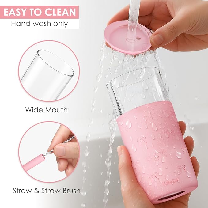 SANDJEST Glass Tumbler with Straw and Lid, Glass Water Bottle with Silicone Sleeve 20oz with Bow, Smoothie, Iced Coffee Cup, Bow Gifts for Women Teen Girls Birthday Christmas