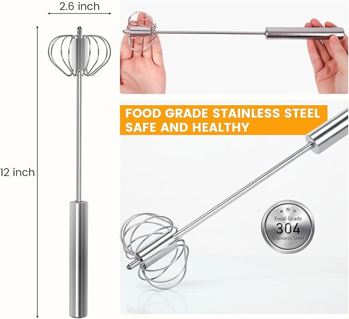 HANSGO Stainless Steel Egg Whisk, 12 Inch Semi Automatic Whisk Blender for Home, Versatile Milk Frother, Hand Push Mixer Stirrer for Blending, Whisking, Beating & Stirring