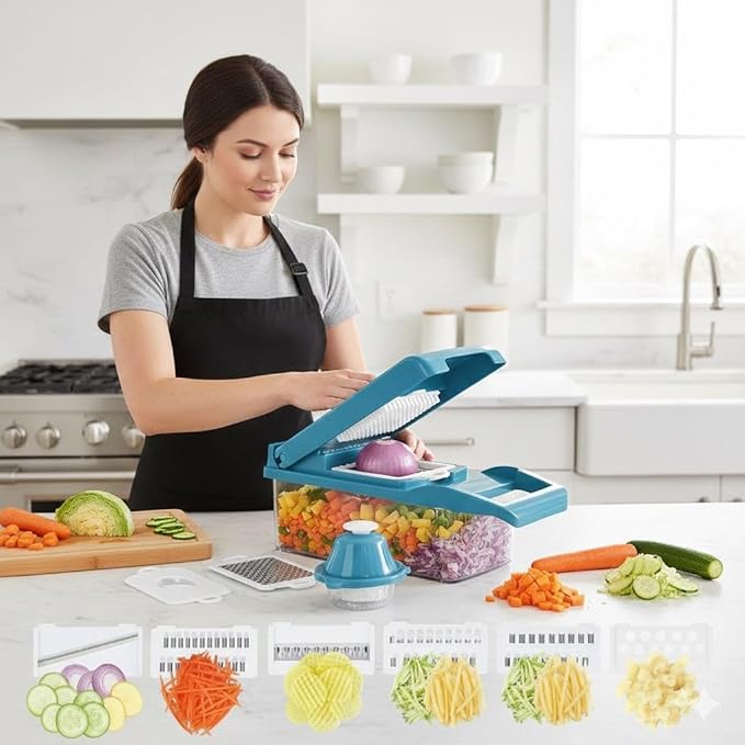 Kalmat Dynamics Food Chopper and Vegetable Slicer, 16-in-1 Multi-Function Kitchen Chopper with 7 Blades and Container, Free Black Cooking Apron (Blue+white)