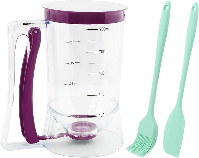 Pancake Batter Dispenser with Squeeze Handle, Cupcake Batter Dispenser with Oil Brush & Scraper for Precise Portion Control, Baking Tool for Pancakes Cupcake, Waffle, Muffin Mix (Purple)