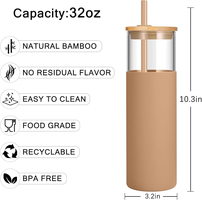 Tronco 32 oz Glass Tumbler with Lids and Straw, Reusable Iced Coffee Cup & Smoothie Cup with Bamboo Lid, Silicone Sleeve, Dishwasher Safe, BPA-Free Borosilicate Glass, 1 Pack