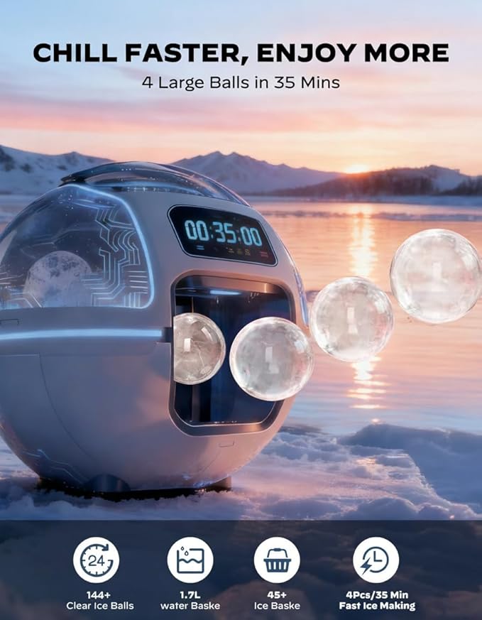 Silonn 2″ Sphere Ice Maker, Clear Ice Ball Maker with Slow-Melting, 4 pcs in 35 Mins, 144 pcs/Day, Crystal Sphere & Rapid Sphere Technology, Self-Cleaning Ice Maker Countertop Ideal for Whiskey