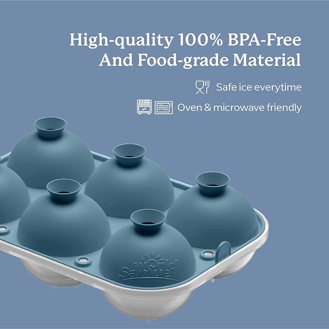 Samuelworld Large Ice Ball Maker with Lid, 6 x 2.5 Inch Ice Balls - BPA Free, Easy To Fill Round Silicone Ice Tray, Perfect Spheres Craft Ice Maker for Whiskey, Cocktails (Light Teal)