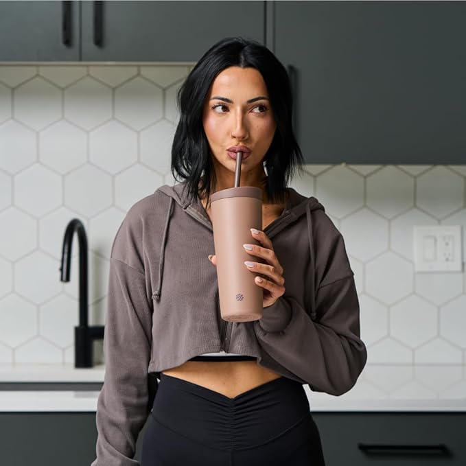 BlenderBottle 2-in-1 Insulated Stainless Steel Shaker Tumbler, Swig Leakproof Lid, Straw, BlenderBall, BPA Free, For Protein Shakes, Smoothies, And Pre Workout, 24 oz, Brown (Cocoa)