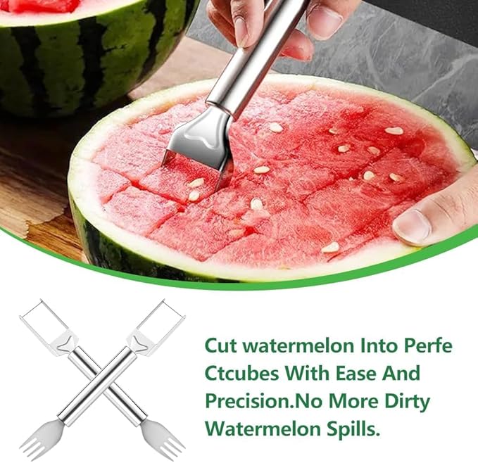 Stainless Steel Fruit Cutter, 2-in-1 Watermelon Slicer and Fork, Dual Head Knife with Round Handle, 4 Pieces, for Kitchen Fruit Cubes