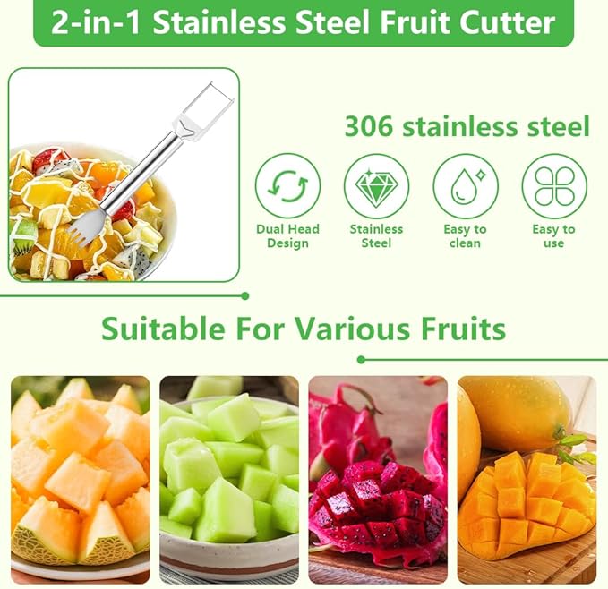 2-in-1 Stainless Steel Fruit Cutter, Watermelon Slicer with Fork, Dual Head Watermelon Fork Slicer Tool for Cubes, Fruit Knife with Round Handle for Home Kitchen, Picnic & Party (1Pack)