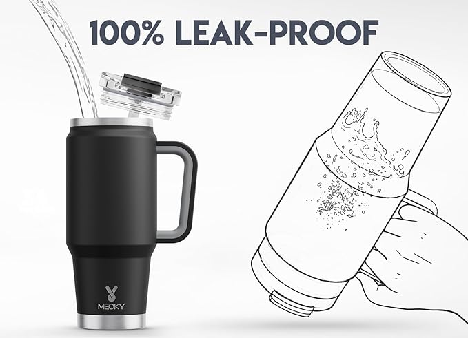 Meoky 32 oz Tumbler with Handle, Insulated Tumbler with Lid and Straw, Stainless Steel Travel Mug, Keeps Cold for 24 Hours, 100% Leak Proof, Fits in Car Cup Holder (Night)