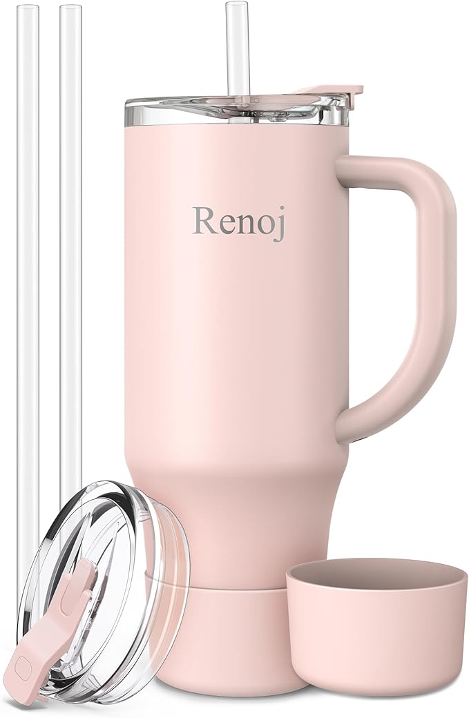 Renoj Insulated Mug 100% Leak Proof Insulated Water Bottle for Iced Coffee & Hot Drinks - Fits Car Cup Holder, Ideal Gift, 2 Straws & Silicone Boot - SnapShift Light Pink 32 oz
