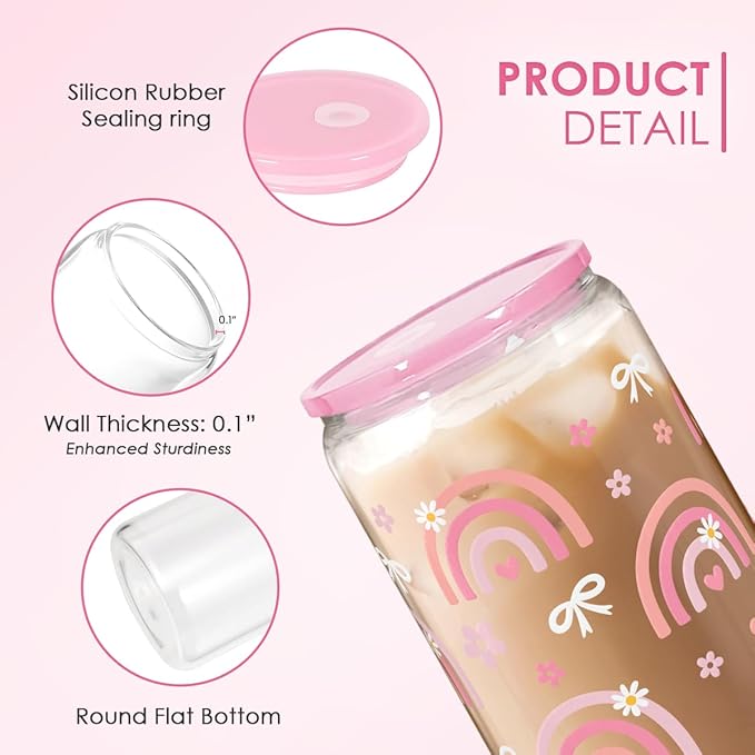 SANDJEST Rainbow 16oz Can Glass Tumbler with Acrylic Lid & Straw, Iced Coffee Cup for Women Girls, Aesthetic Cups Gifts for Birthday Christmas