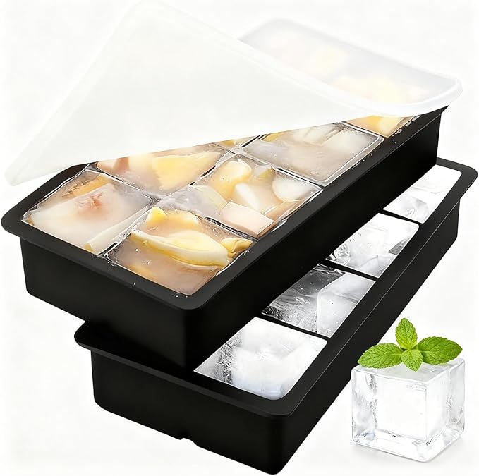 Silicone Ice Cube Tray for Freezer with Lid，Large Square Ice Cube Molds for Whiskey and Old Fashioned，Stackable Silicone Soup Freezer Molds - Set of 2