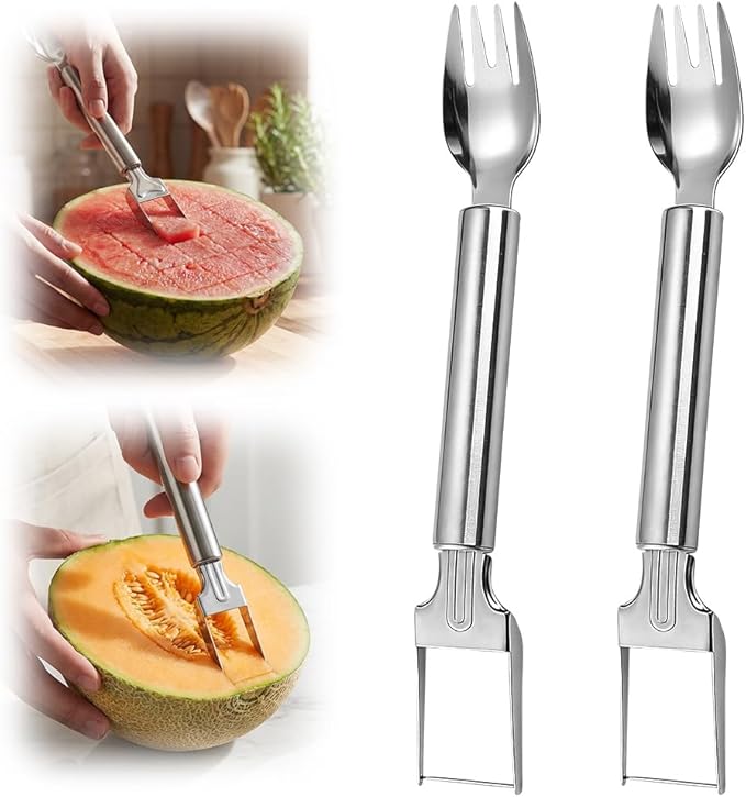 Watermelon Slicer, 2-in-1 Stainless Steel Fruit Cutter and fork,Summer Watermelon Cutter Slicer Tool, Portable Kitchen Gadget for Home Camping Picnics Parties (2)