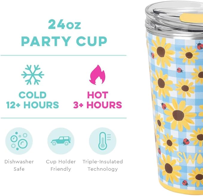 Swig Life 24oz Party Cup, Stackable Insulated Travel Coffee Tumbler with EZ Slider Lid, Cup Holder Friendly, Stainless Steel 24 oz Tumbler, Reusable Coffee Mug (Picnic Basket)