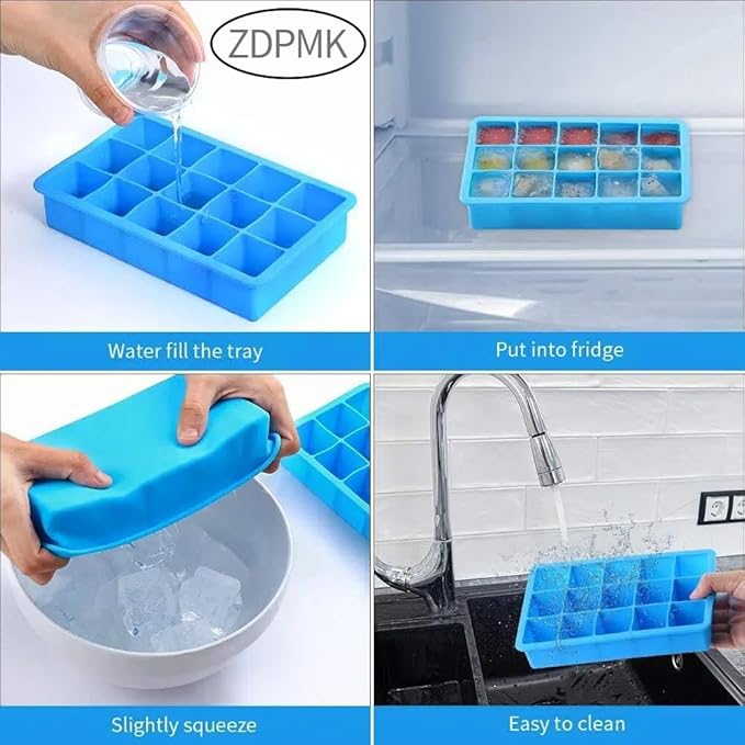 2 Pack Ice Cube Trays, ZDPMK Silicone Easy Release Flexible Molds 15 Ice Cubes Tray for Freezer，Cocktail，Whiskey，Reusable & BPA Free