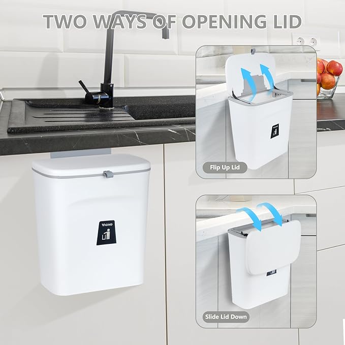 9L/2.4 Gallon Hanging Trash Can for Kitchen Cabinet Door with Lid, Small Under Sink Garbage Can,Trash Bin for Bathroom,Wall Mounted Counter Waste Kitchen Compost Bin,Plastic (White)