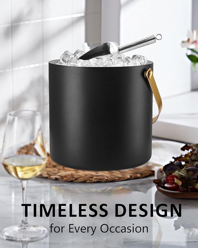 Bakpoco 3L Ice Bucket with Silicone Lid, Scoop, Gold Tongs & Strainer, Stainless Steel Double Wall Insulated Ice Buckets for Parties & Cocktail Bar, Outdoor Champagne Ice Container Bin, Black