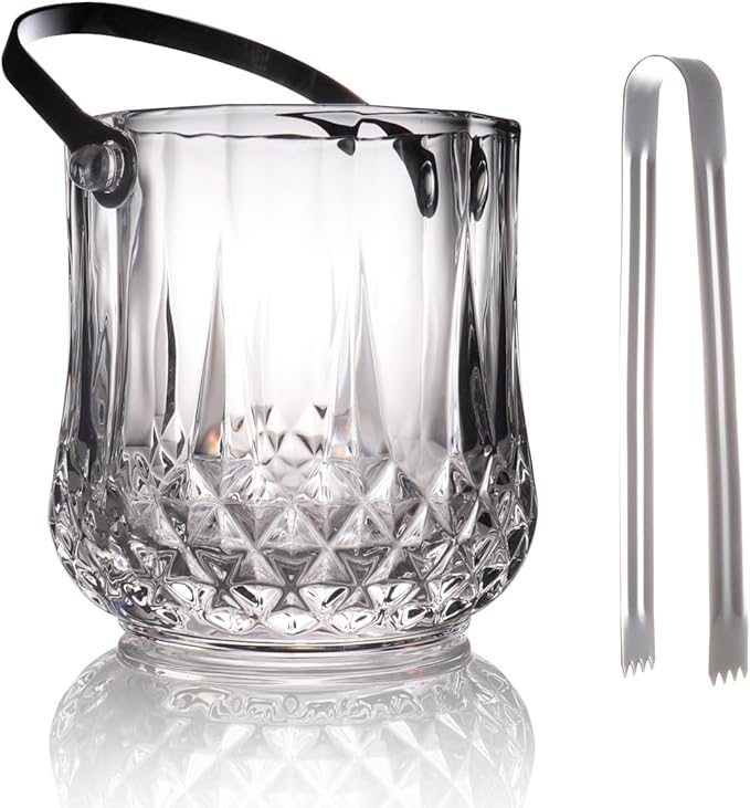 Small Round Glass Ice Bucket Kits, Heavy Thick Wine Cooler with Steel Tong and Clamp, 5.3" H*5" W, 34 oz (1000 ml)