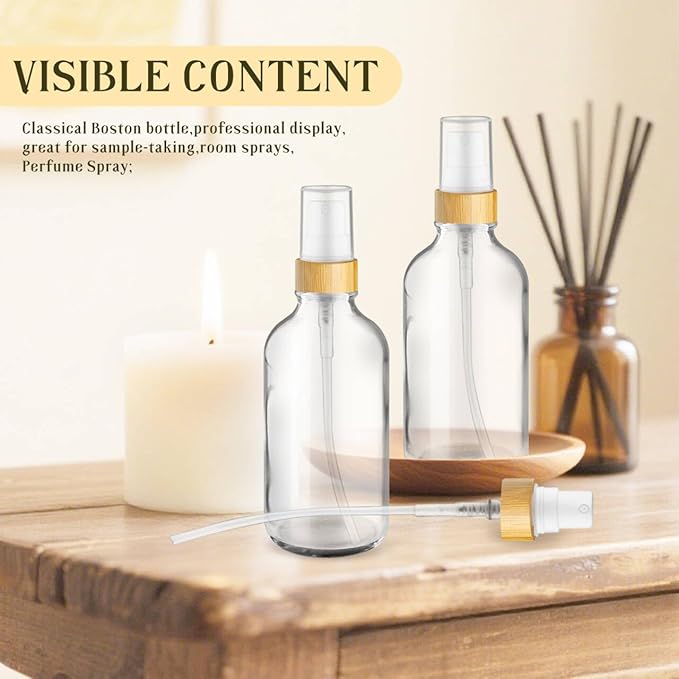 4-Pack 4 Oz Glass Spray Bottle with Bamboo Lid,Empty Refillable Fine Mist Atomizer,Leak-Proof Travel Liquid Holder Container for Cologne,Essential Oils,Room Sprays,Cleaning Solutions (Clear)