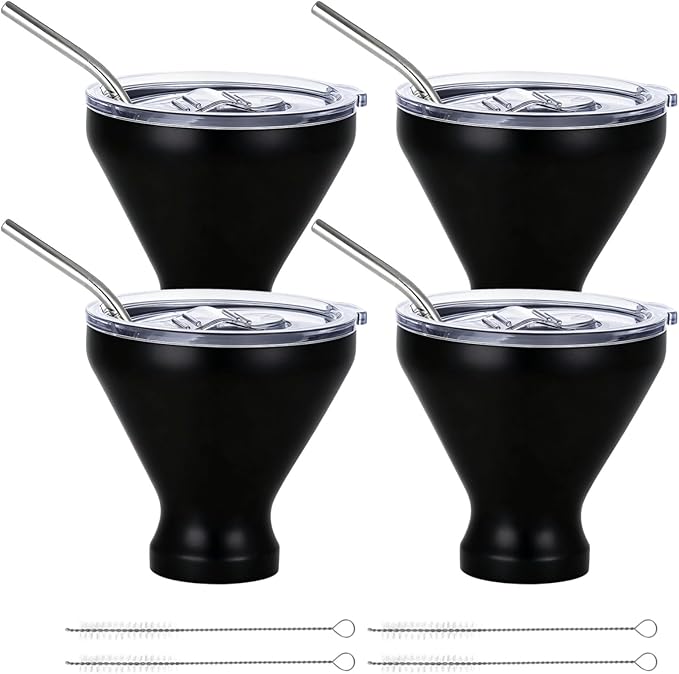 Stainless Steel Martini Glasses with Lids and Straws, Martini Glasses Set of 4, Perfect for Home Bar, Beach, and Picnics, Quality Double-Wall Insulated Tumblers, 10 oz