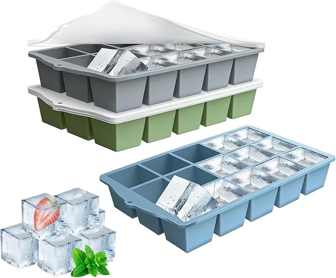 Ice Cube Trays for Freezer, 3 Pack Easy Release Slicone Ice Cube Tray with Lid, BPA Free Stackable Flexible Ice Mold 15 Square Reusable Ice Cubes for Whiskey, Baby Food, Ice Coffee (Grey+Blue+Green)