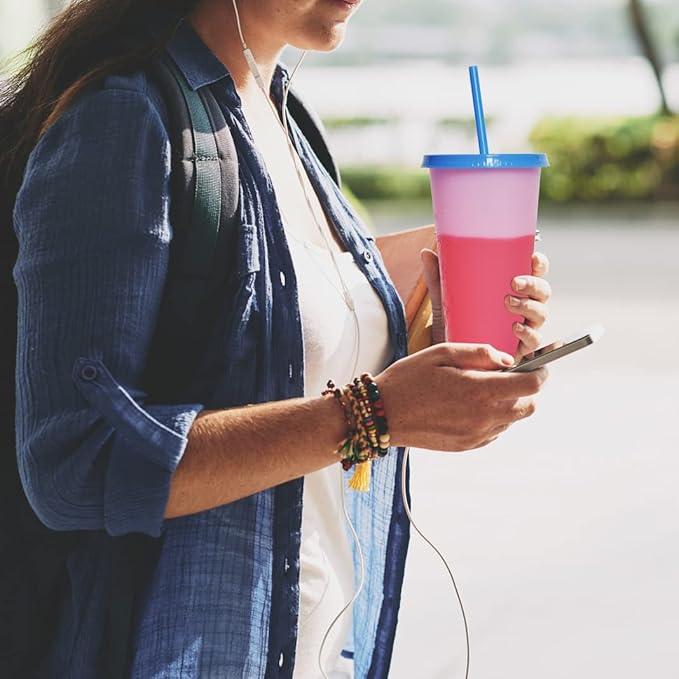 Color Changing Cups, 9 Pack 24oz Plastic Tumblers, Reusable Iced Coffee & Smoothie Cups with Lids and Straws for Parties and Travel